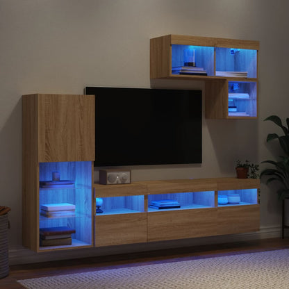 Mobili TV a Muro con LED 6pz Rovere Sonoma Legno Multistrato
