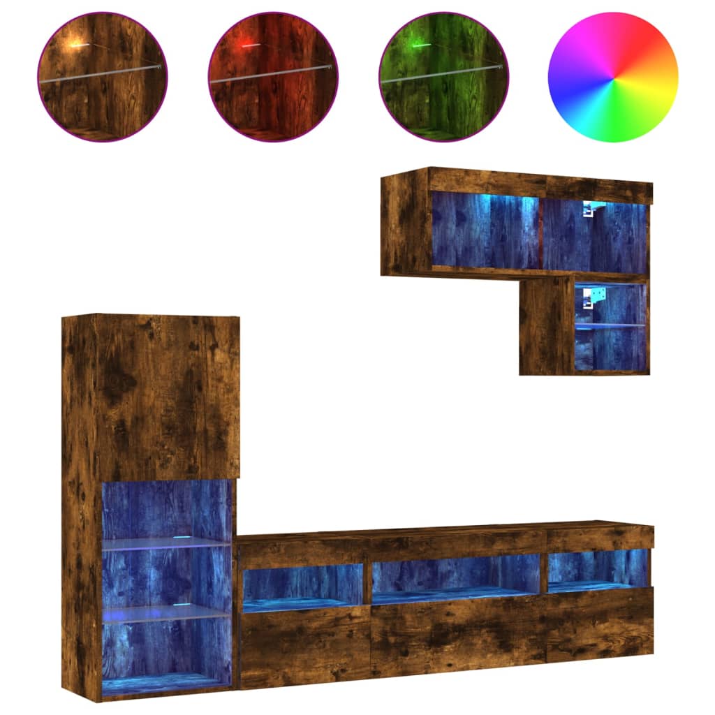 Mobili TV a Muro con LED 6pz Rovere Fumo in Legno Multistrato
