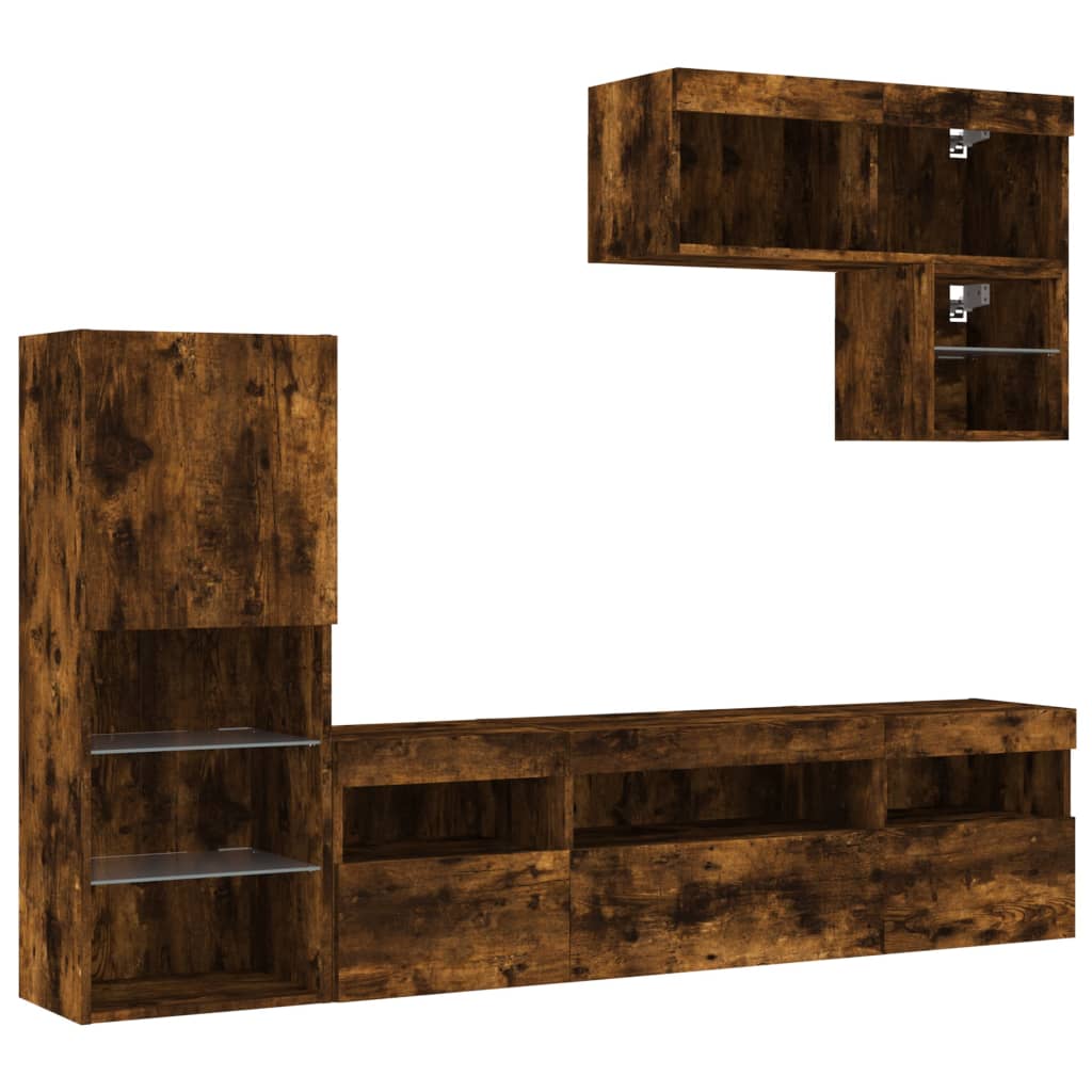 Mobili TV a Muro con LED 6pz Rovere Fumo in Legno Multistrato