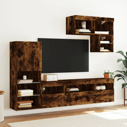 Mobili TV a Muro con LED 6pz Rovere Fumo in Legno Multistrato