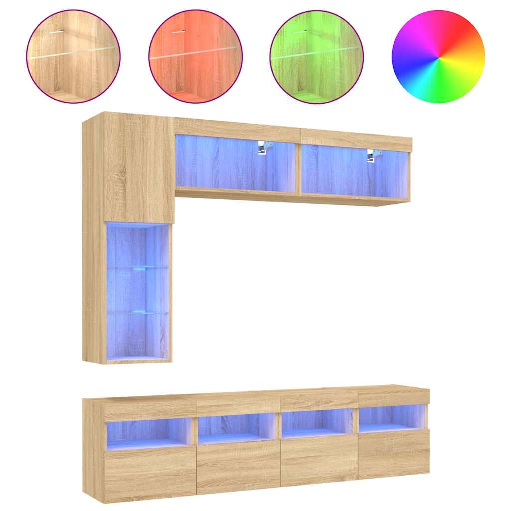 Set Mobili TV a Muro 7 pz con Luci LED Rovere Sonoma