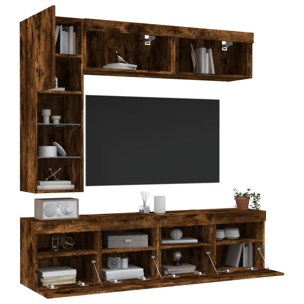 Set Mobili TV a Muro 7 pz con Luci LED Rovere Fumo