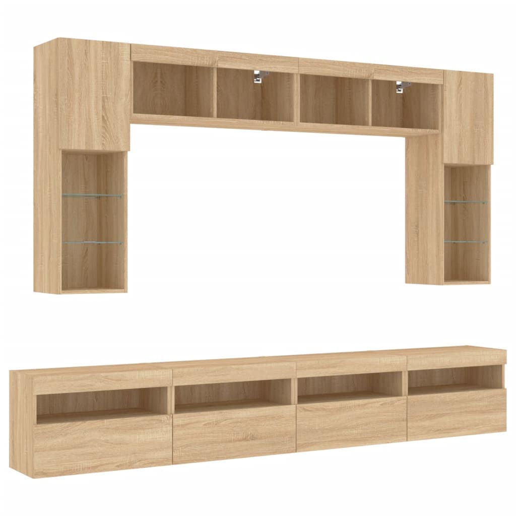 Set Mobili TV a Muro 8 pz con Luci LED Rovere Sonoma