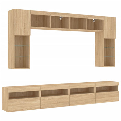 Set Mobili TV a Muro 8 pz con Luci LED Rovere Sonoma