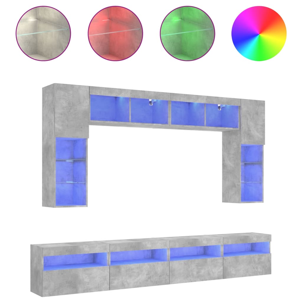Set Mobili TV a Muro 8 pz con Luci LED Grigio Cemento