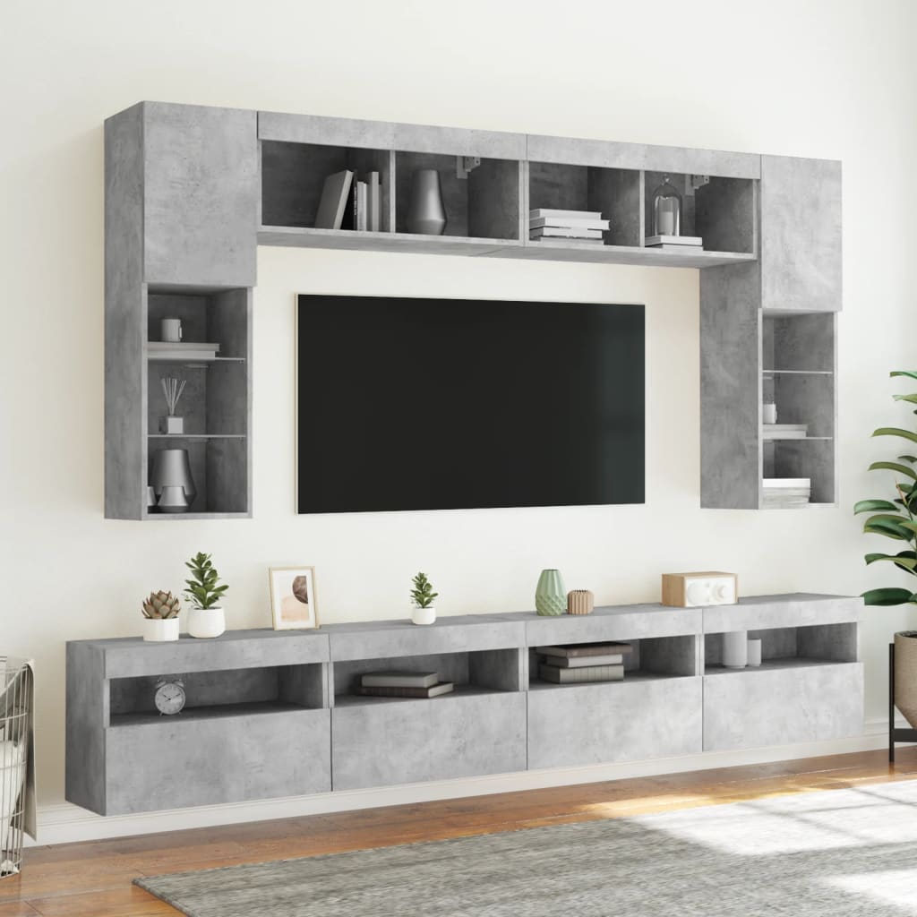 Set Mobili TV a Muro 8 pz con Luci LED Grigio Cemento