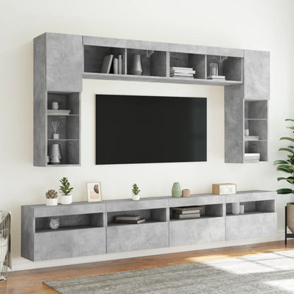 Set Mobili TV a Muro 8 pz con Luci LED Grigio Cemento