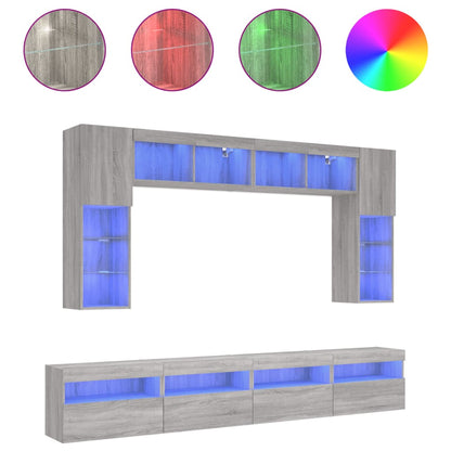 Set Mobili TV a Muro 8 pz con Luci LED Grigio Sonoma