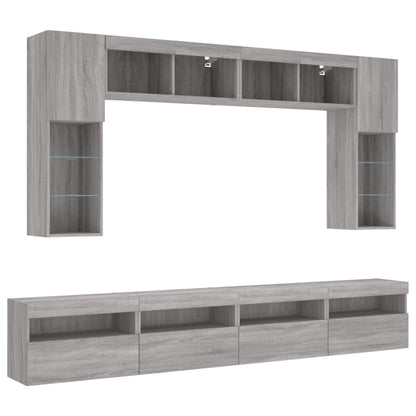 Set Mobili TV a Muro 8 pz con Luci LED Grigio Sonoma