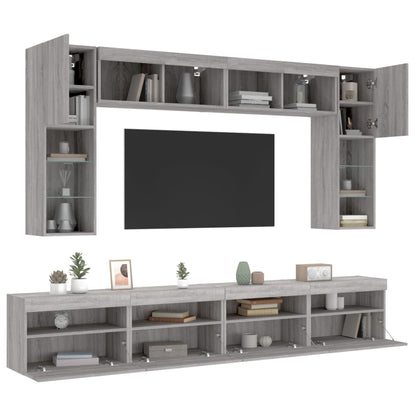 Set Mobili TV a Muro 8 pz con Luci LED Grigio Sonoma