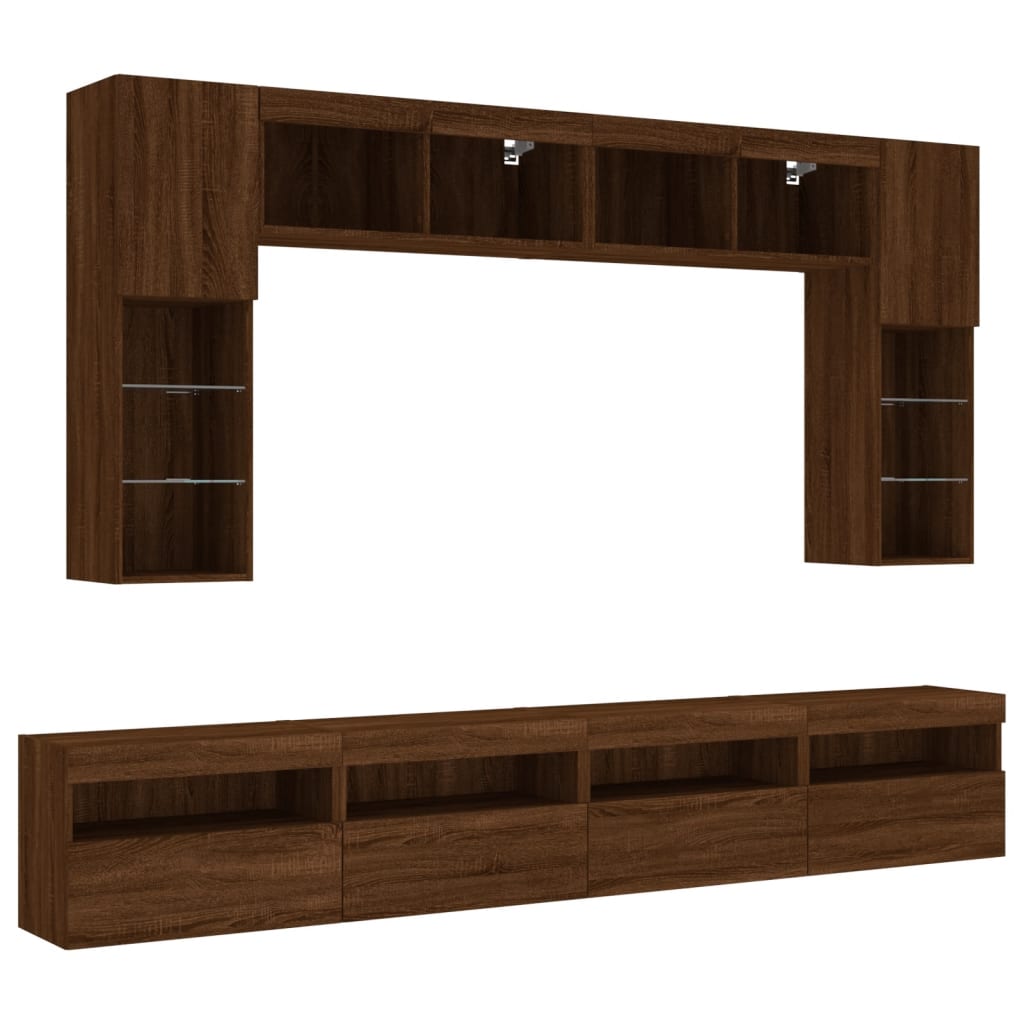 Set Mobili TV a Muro 8 pz con Luci LED Rovere Marrone
