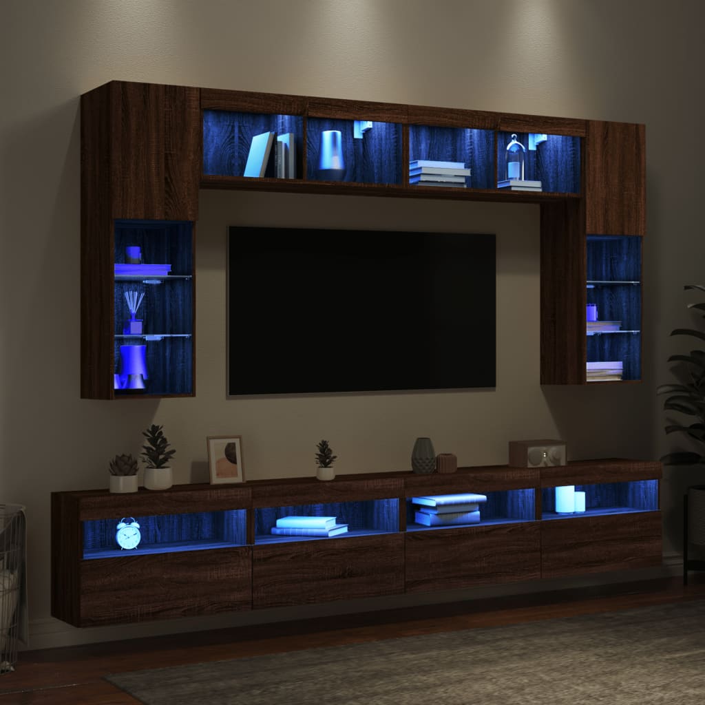 Set Mobili TV a Muro 8 pz con Luci LED Rovere Marrone