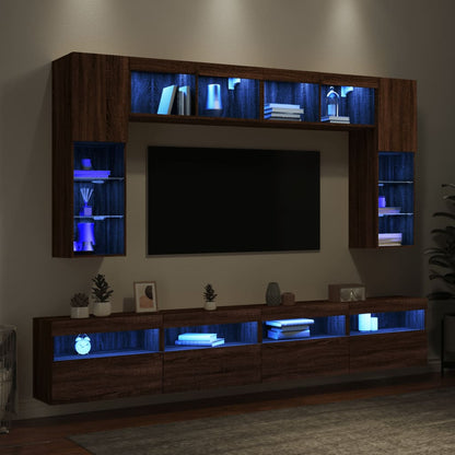 Set Mobili TV a Muro 8 pz con Luci LED Rovere Marrone