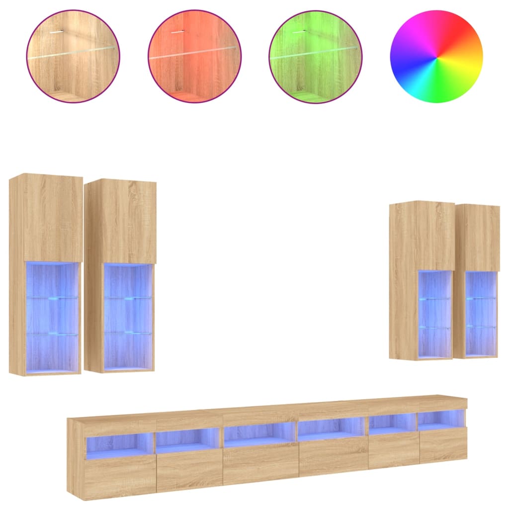 Set Mobili TV a Muro 7 pz con Luci LED Rovere Sonoma