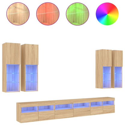 Set Mobili TV a Muro 7 pz con Luci LED Rovere Sonoma