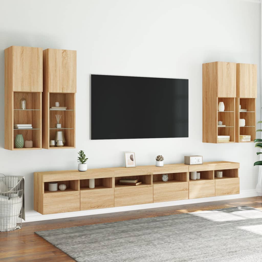 Set Mobili TV a Muro 7 pz con Luci LED Rovere Sonoma