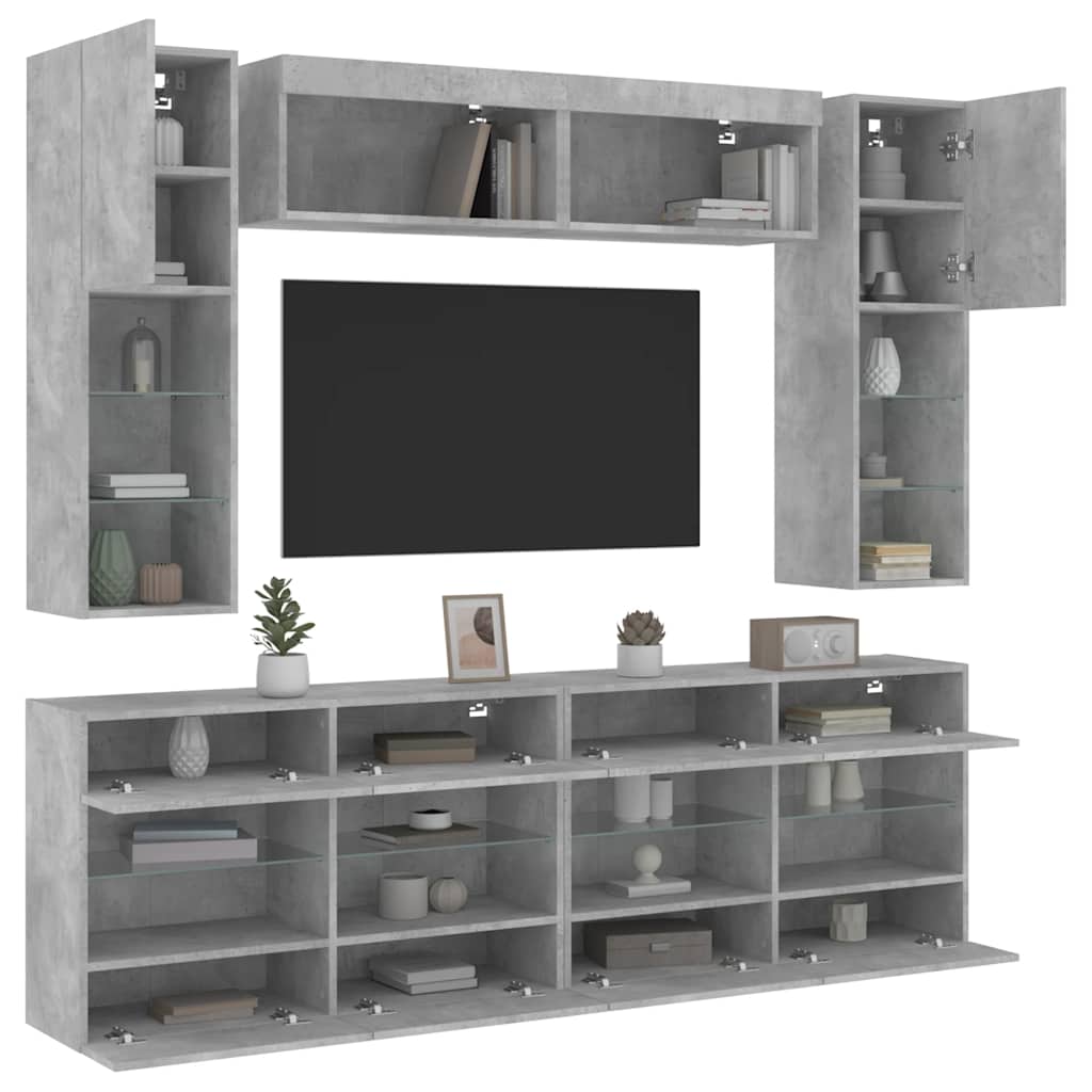 Set Mobili TV a Muro 6 pz con Luci LED Grigio Cemento