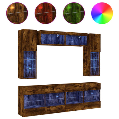 Set Mobili TV a Muro 6 pz con Luci LED Rovere Fumo