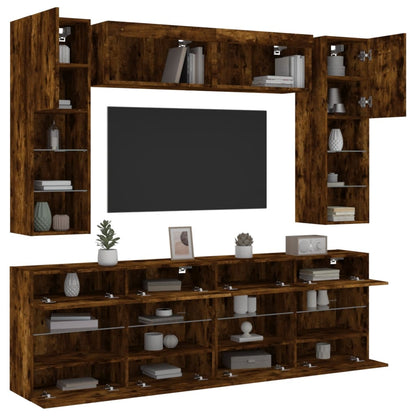 Set Mobili TV a Muro 6 pz con Luci LED Rovere Fumo