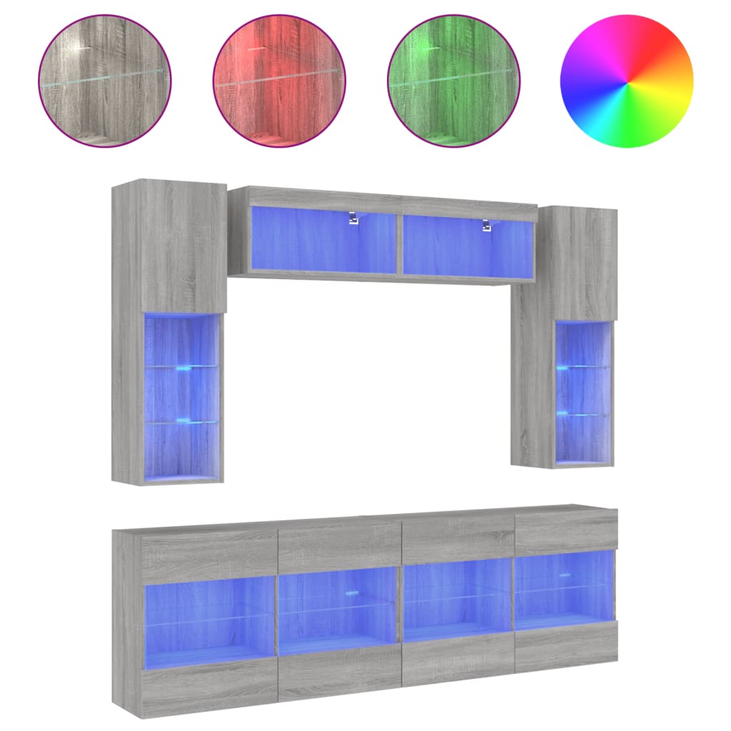 Set Mobili TV a Muro 6 pz con Luci LED Grigio Sonoma
