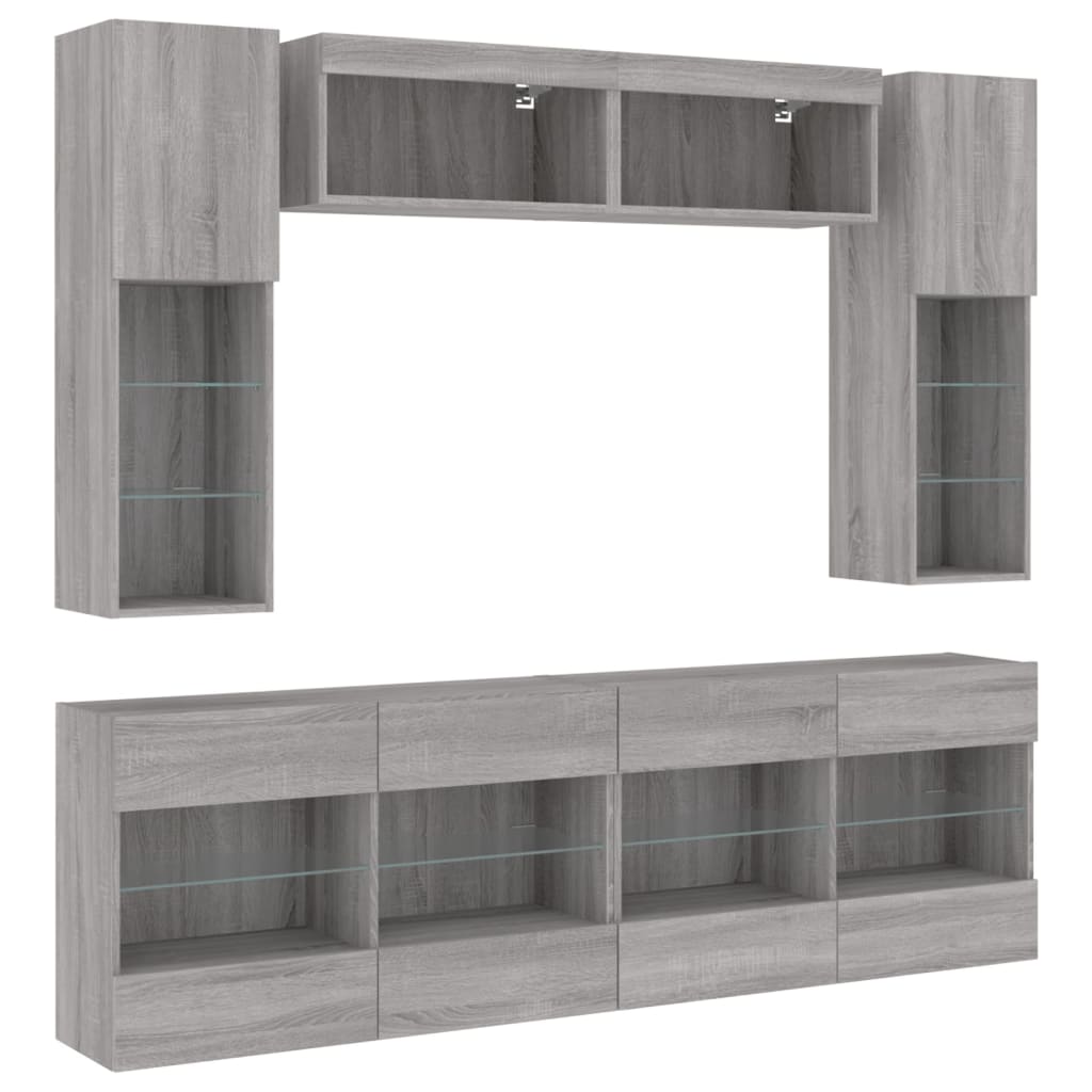 Set Mobili TV a Muro 6 pz con Luci LED Grigio Sonoma