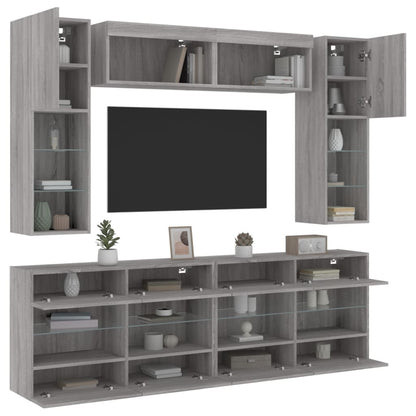 Set Mobili TV a Muro 6 pz con Luci LED Grigio Sonoma