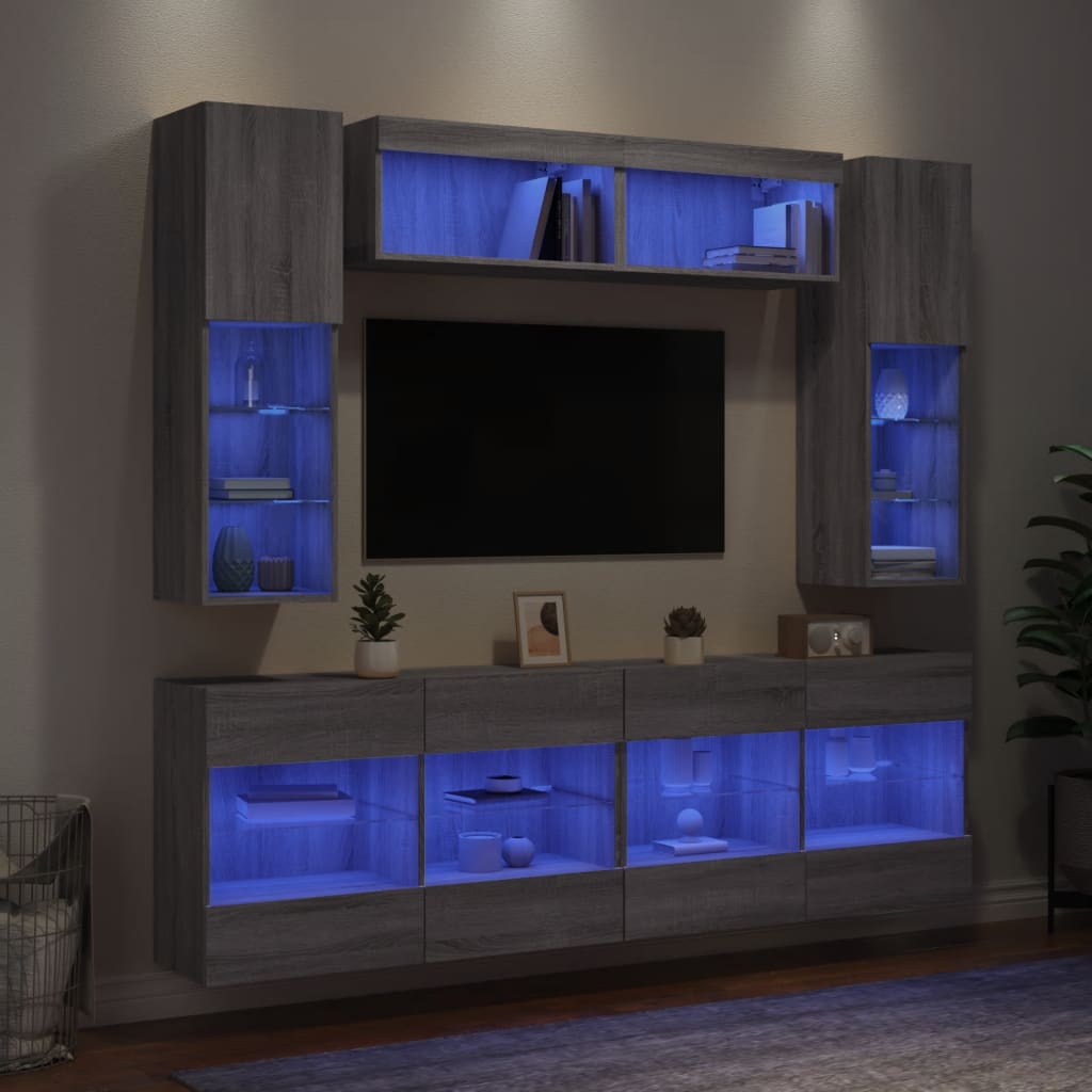 Set Mobili TV a Muro 6 pz con Luci LED Grigio Sonoma