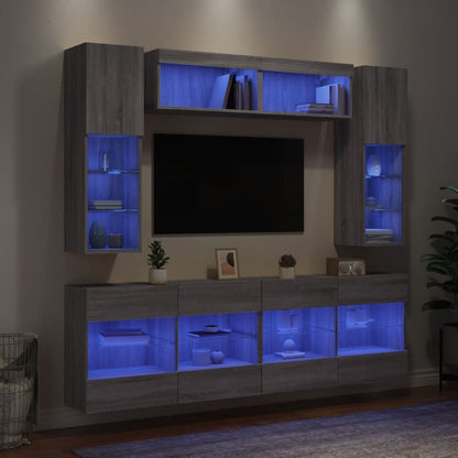 Set Mobili TV a Muro 6 pz con Luci LED Grigio Sonoma