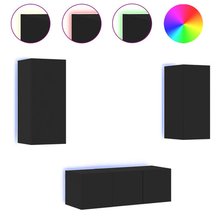 Mobili TV a Muro con LED 4pz Neri in Legno Multistrato