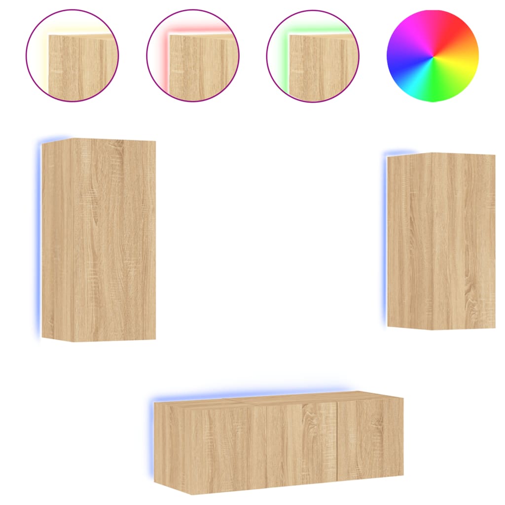 Mobili TV a Muro con LED 4pz Rovere Sonoma Legno Multistrato