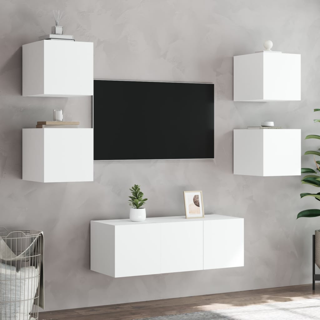 Mobili TV a Muro con LED 6pz Bianchi in Legno Multistrato