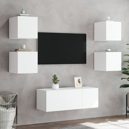Mobili TV a Muro con LED 6pz Bianchi in Legno Multistrato