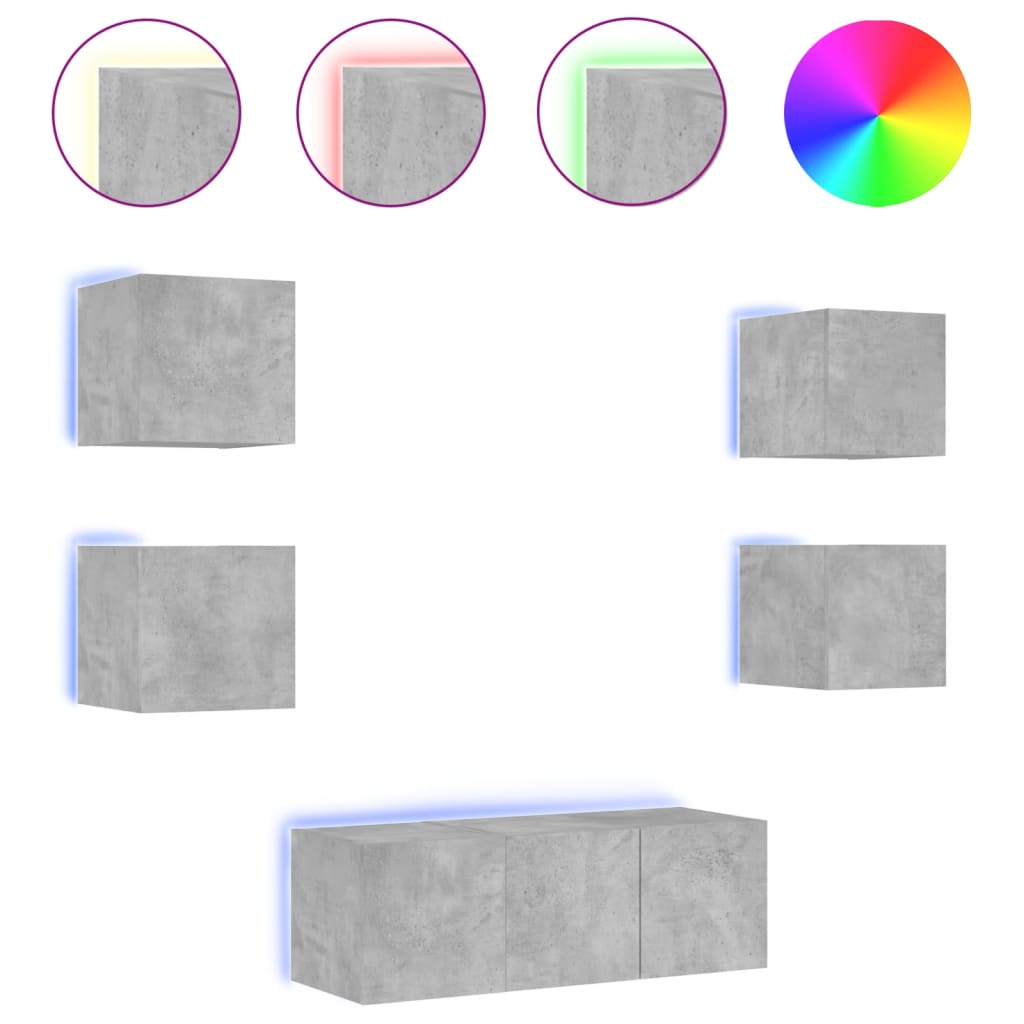 Mobili TV a Muro con LED 6pz Grigio Cemento Legno Multistrato