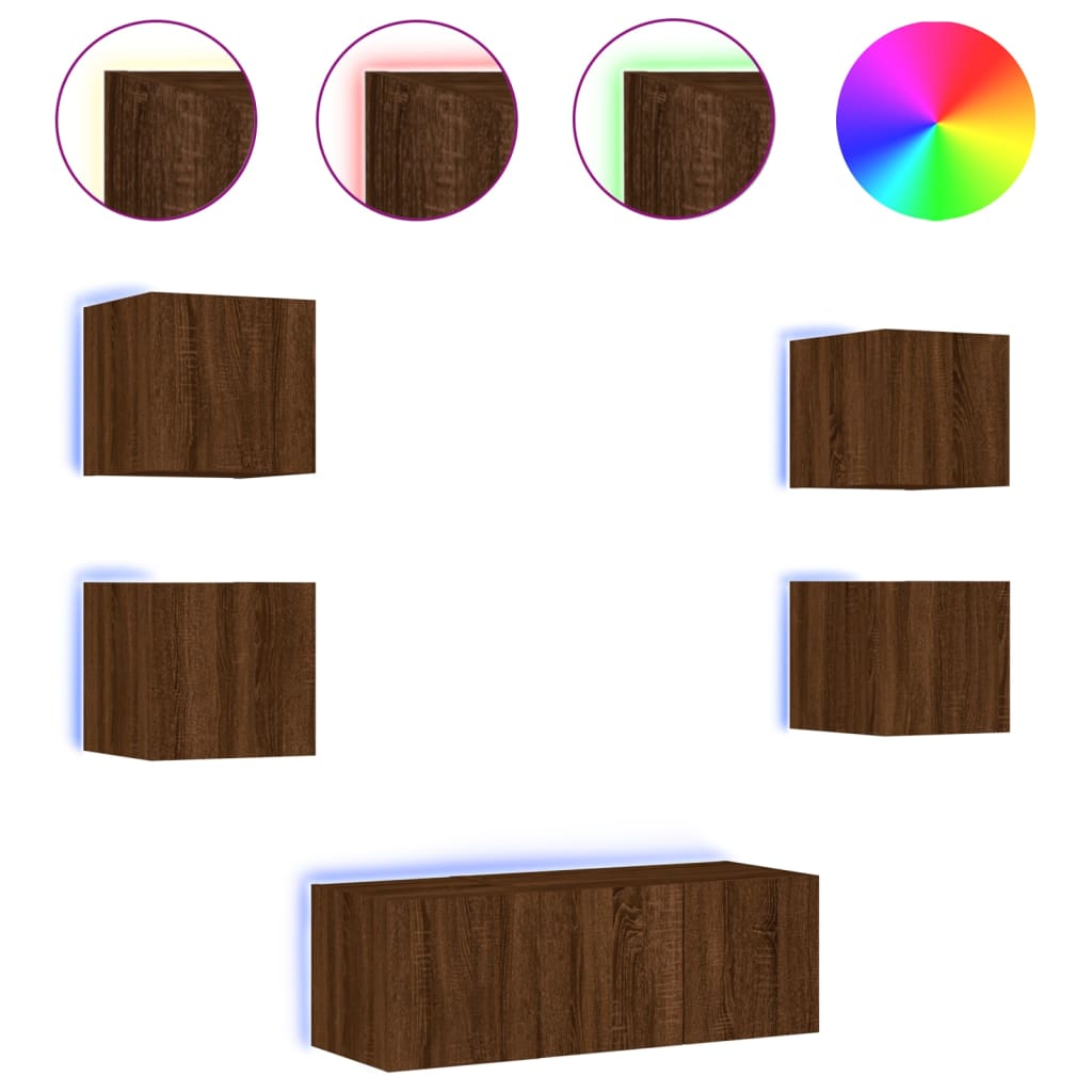 Mobili TV a Muro con LED 6pz Rovere Marrone Legno Multistrato