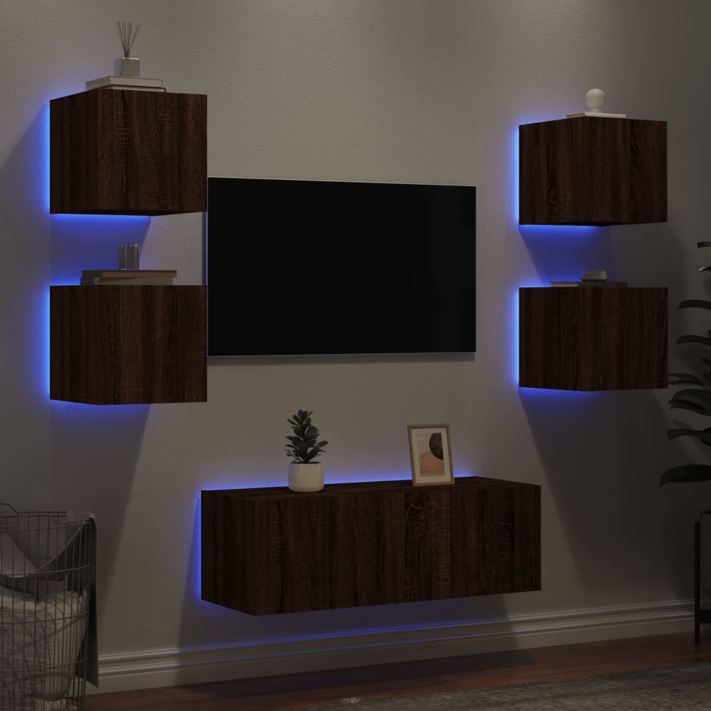 Mobili TV a Muro con LED 6pz Rovere Marrone Legno Multistrato