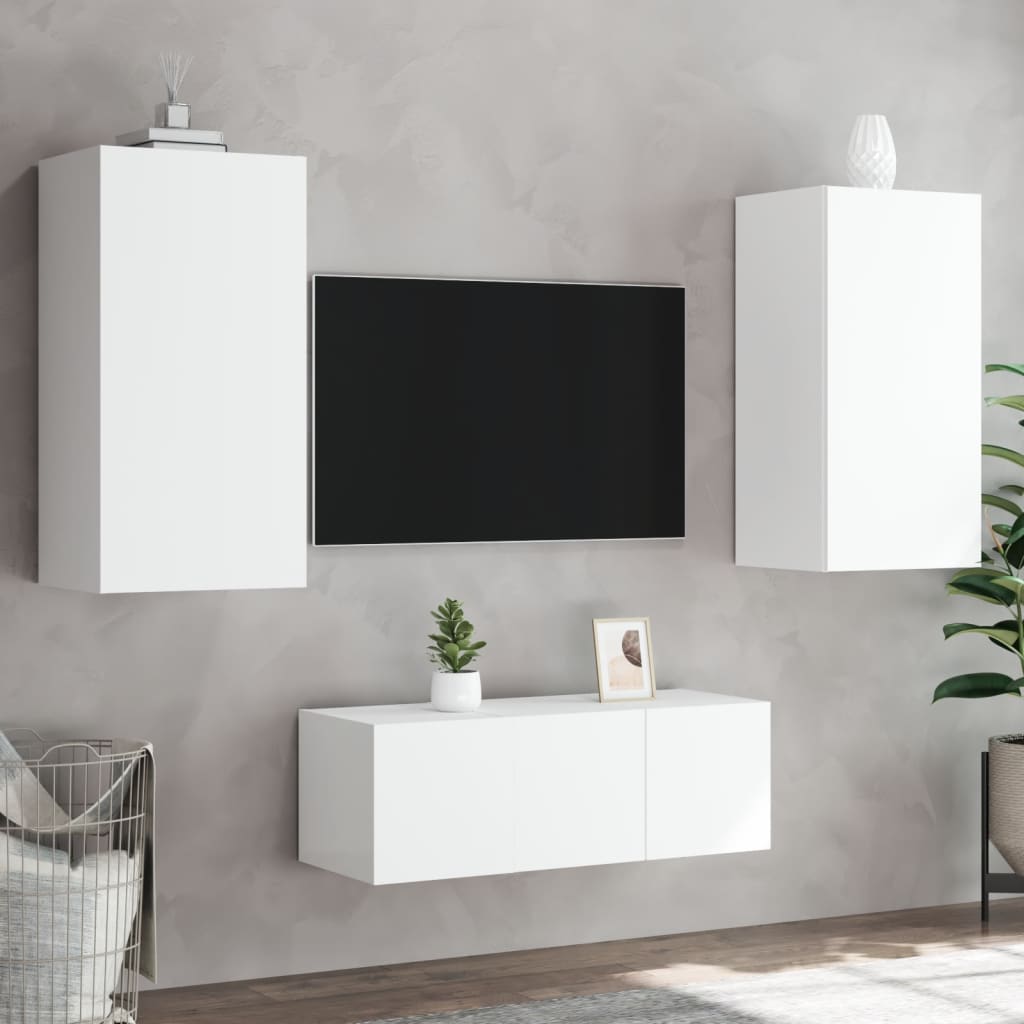 Mobili TV a Muro con LED 4pz Bianchi in Legno Multistrato