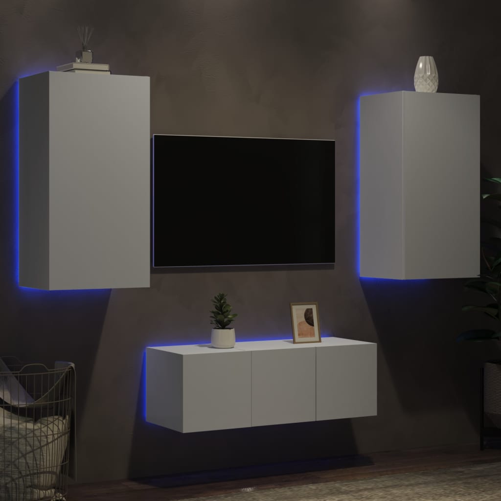 Mobili TV a Muro con LED 4pz Bianchi in Legno Multistrato
