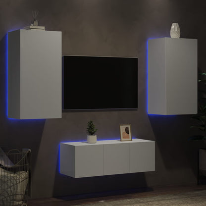 Mobili TV a Muro con LED 4pz Bianchi in Legno Multistrato