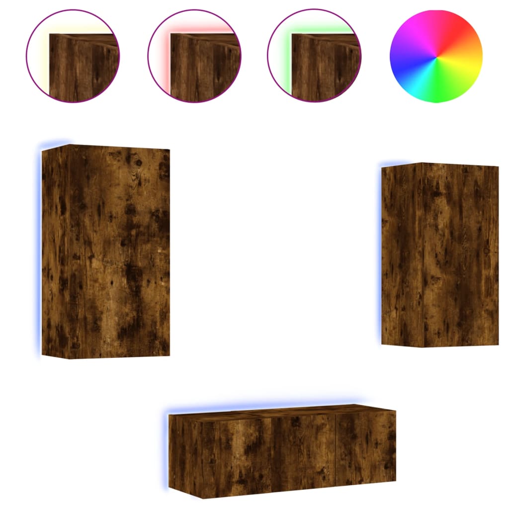 Mobili TV a Muro con LED 4pz Rovere Fumo in Legno Multistrato