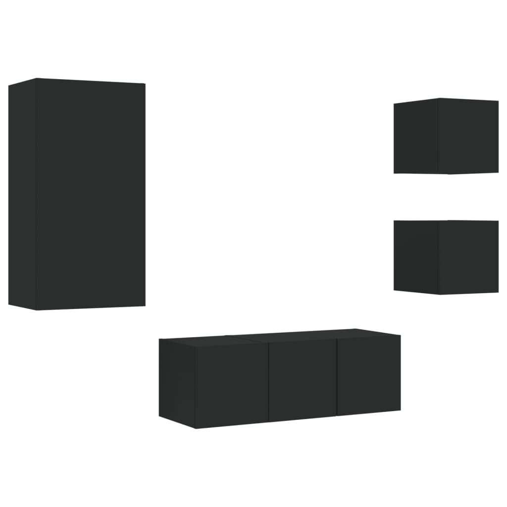 Mobili TV a Muro con LED 5pz Neri in Legno Multistrato