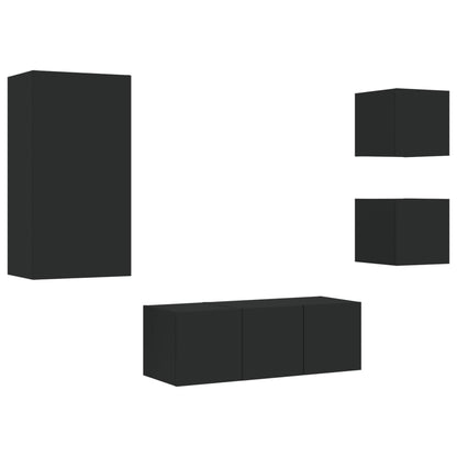 Mobili TV a Muro con LED 5pz Neri in Legno Multistrato