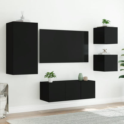 Mobili TV a Muro con LED 5pz Neri in Legno Multistrato