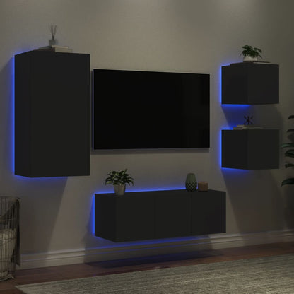 Mobili TV a Muro con LED 5pz Neri in Legno Multistrato