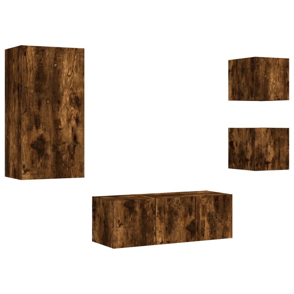 Mobili TV a Muro con LED 5pz Rovere Fumo in Legno Multistrato