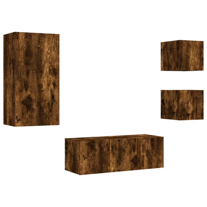 Mobili TV a Muro con LED 5pz Rovere Fumo in Legno Multistrato