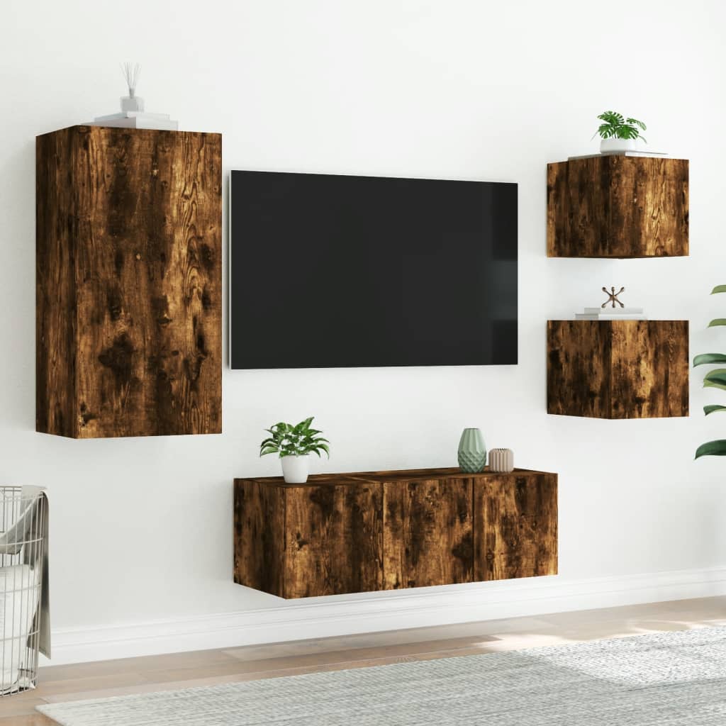 Mobili TV a Muro con LED 5pz Rovere Fumo in Legno Multistrato