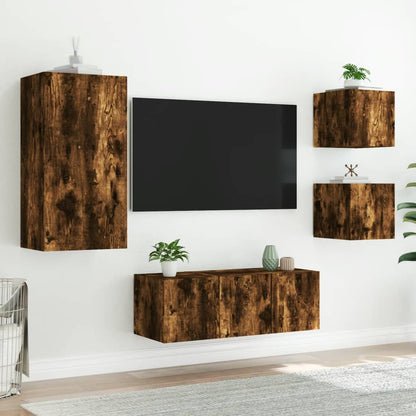 Mobili TV a Muro con LED 5pz Rovere Fumo in Legno Multistrato