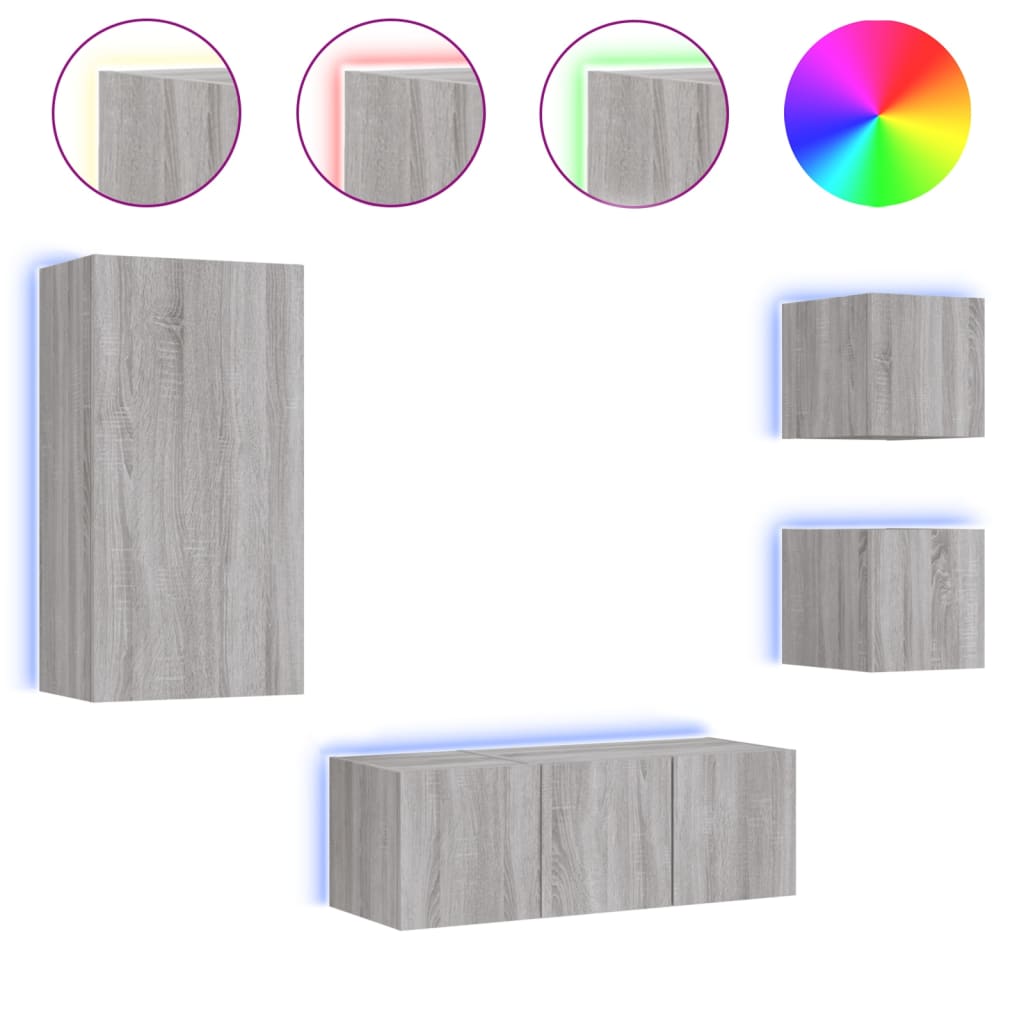Mobili TV a Muro con LED 5pz Grigio Sonoma in Legno Multistrato