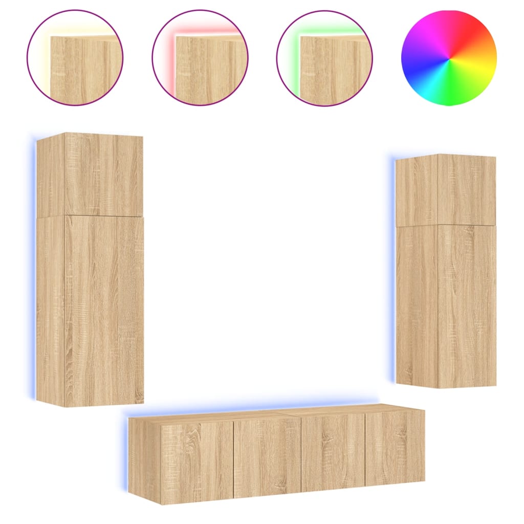 Mobili TV a Muro con LED 6pz Rovere Sonoma Legno Multistrato
