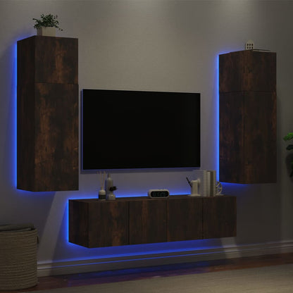 Mobili TV a Muro con LED 6pz Rovere Fumo in Legno Multistrato